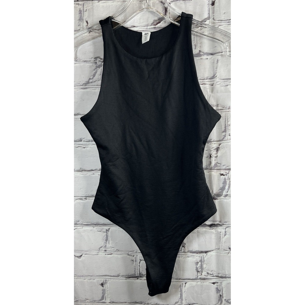 BP. Tank Black Thong Bodysuit Halter XXS Ribbed Round Neck Snap Crotch Layering